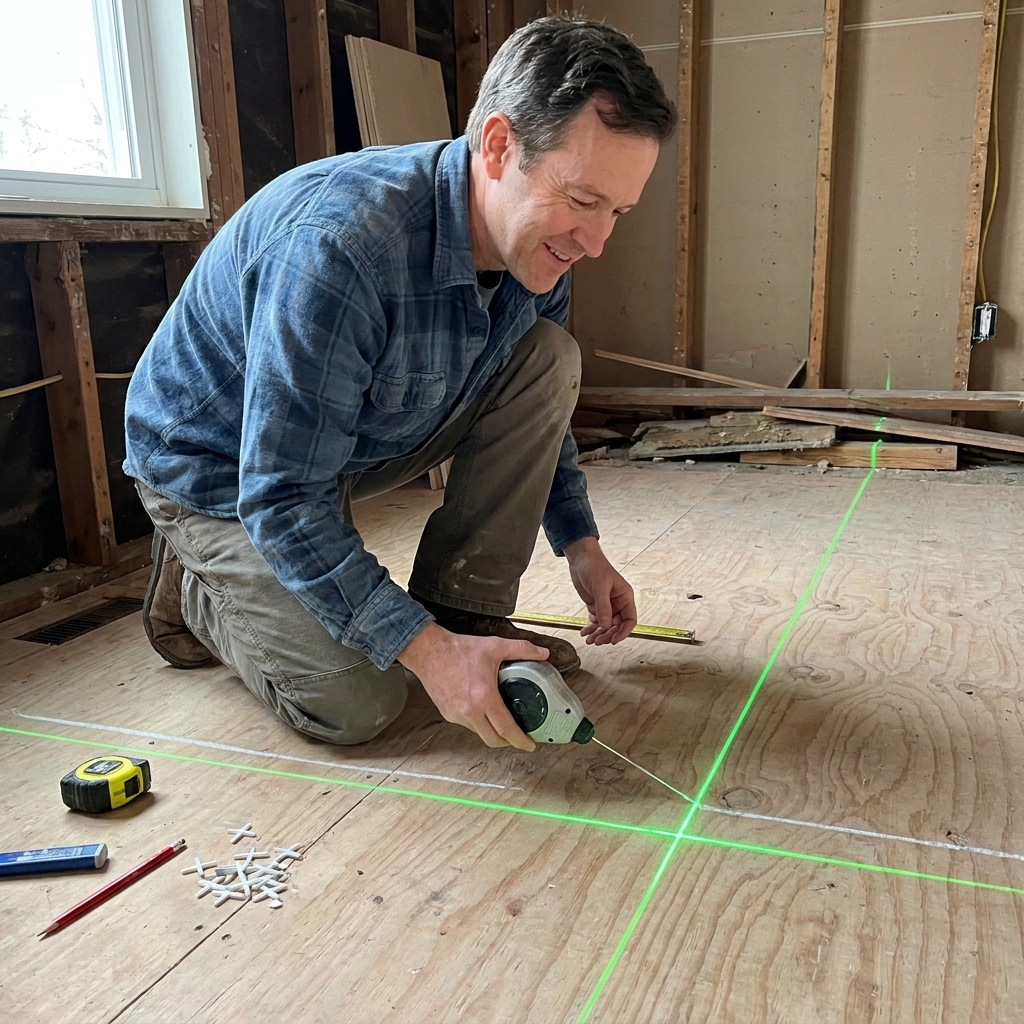 A green cross-line laser projected across a subfloor with a chalk line snapped along the beam for tile layout