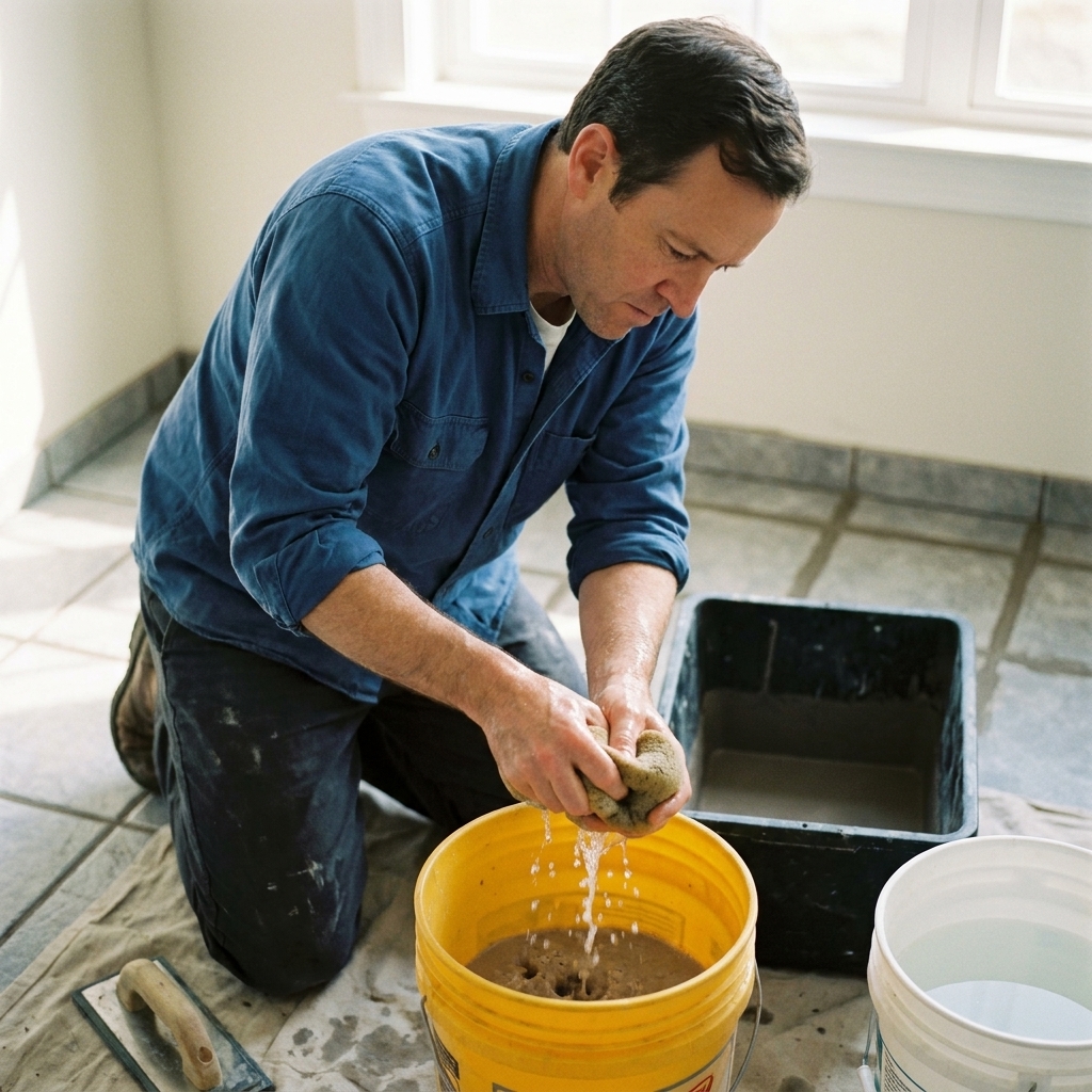 A grout sponge being wrung out above a bucket next to a newly grouted tile floor, showing careful cleanup setup