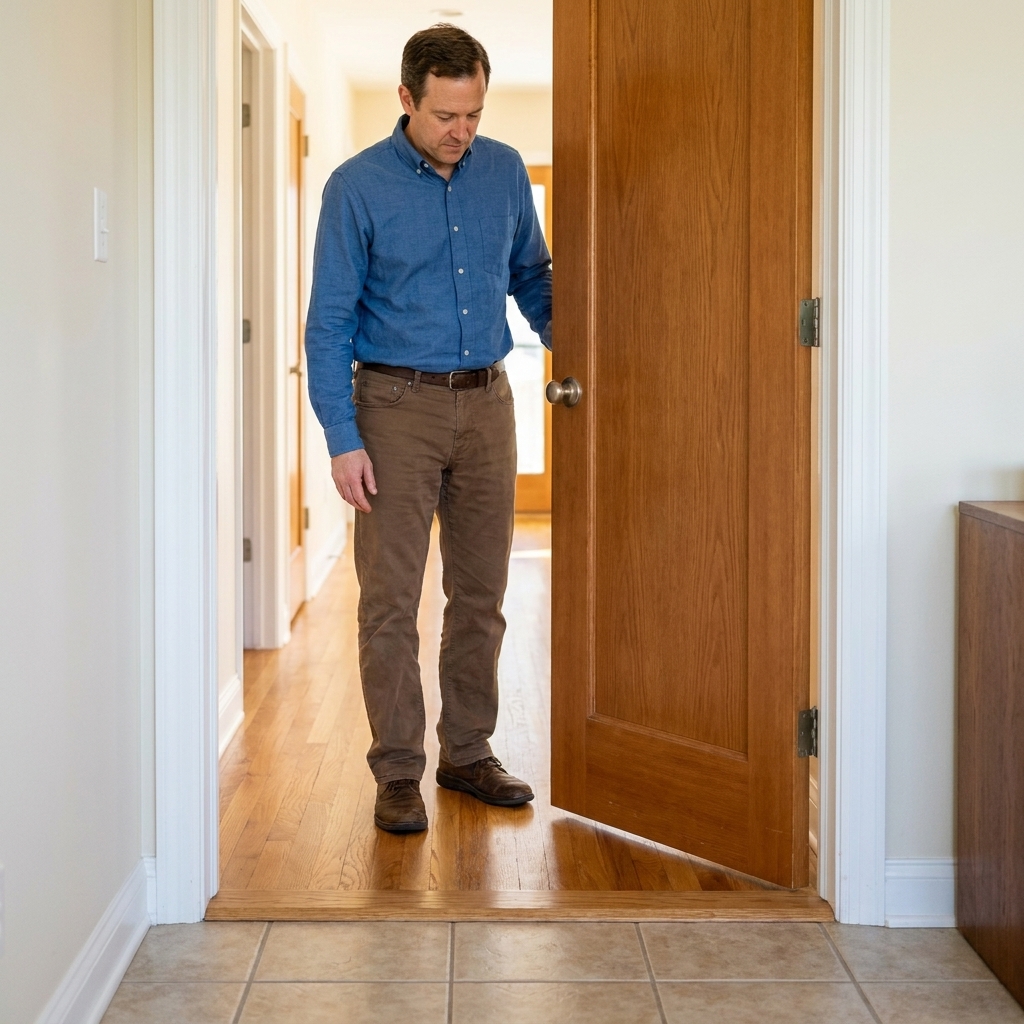 A hallway doorway with the door partially closed, showing a transition strip centered beneath the door slab between wood flooring and tile