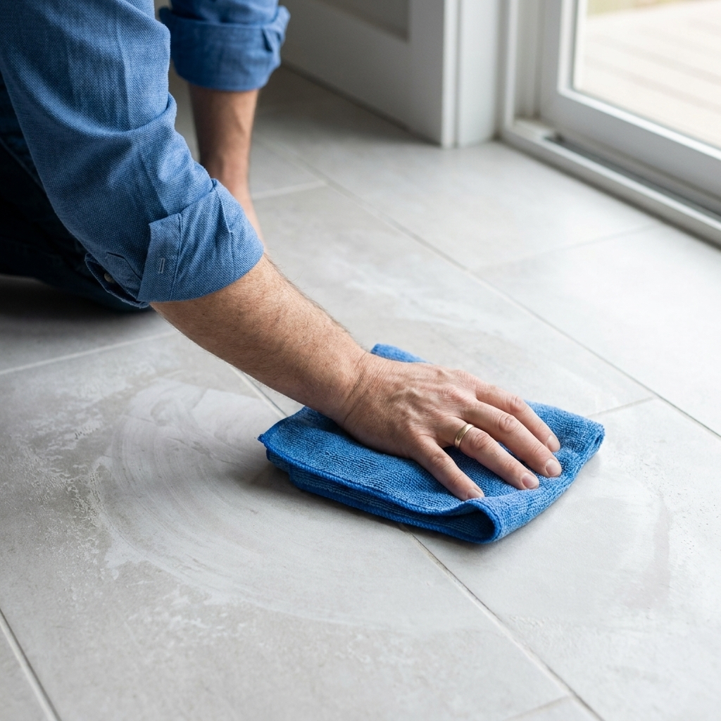 A hand buffing light grout haze off a porcelain tile floor using a clean microfiber towel