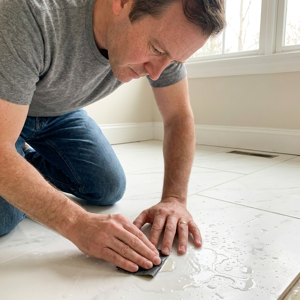 A hand lightly wet-sanding a cured epoxy patch on a porcelain floor tile using fine wet-dry sandpaper