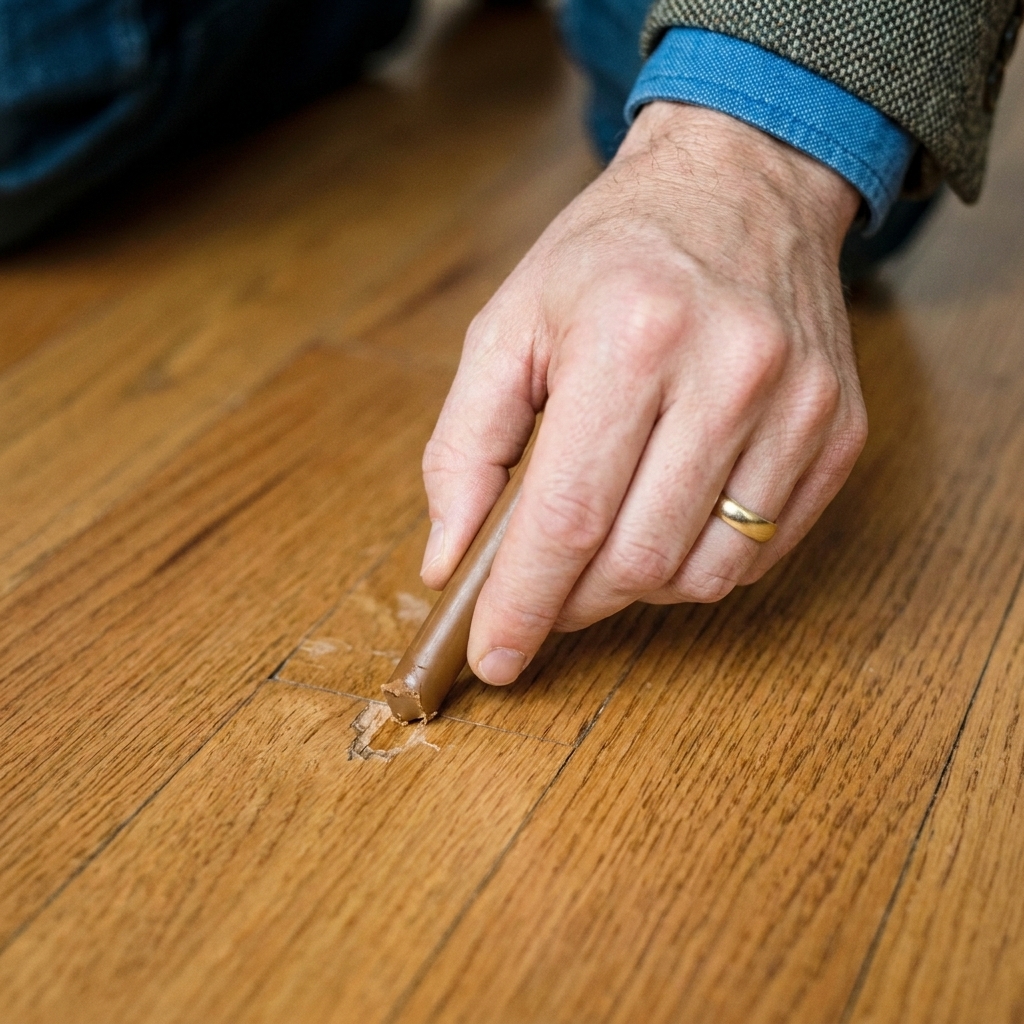 A hand pressing a wax fill stick into a small chip on a medium-brown hardwood floor plank
