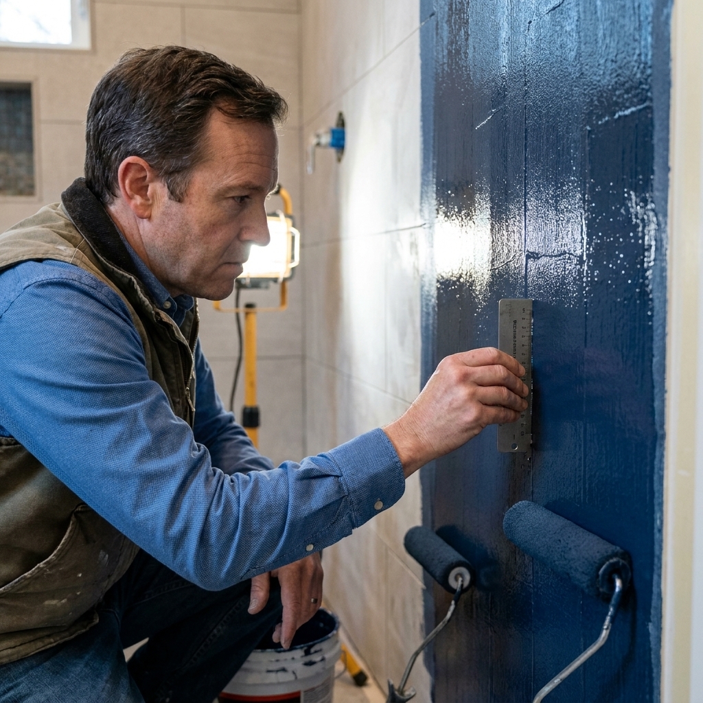 A hand pressing a wet film thickness gauge into freshly rolled liquid waterproofing membrane on a shower wall to confirm proper coating thickness