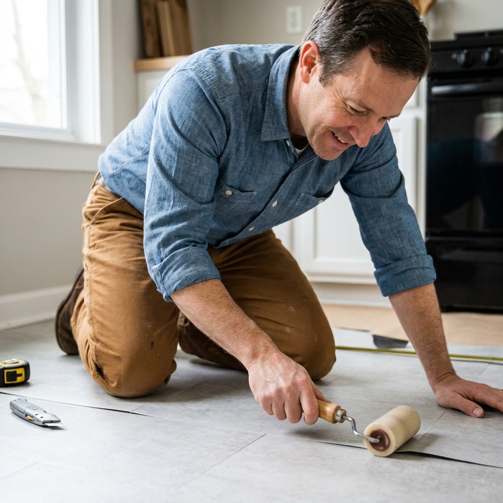 A hand roller being used along the seam of two peel-and-stick vinyl tiles to press the edge down firmly