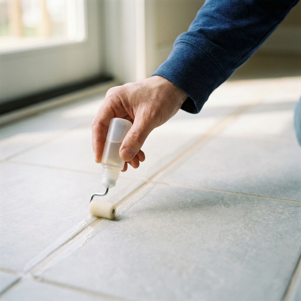 A hand using a small roller bottle applicator to apply sealer directly onto light-colored grout lines between floor tiles