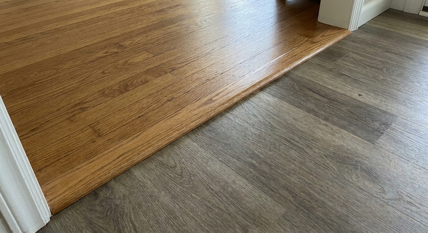 A hardwood reducer installed at a doorway, sloping smoothly from a higher oak floor down to a lower vinyl plank floor, photographed from standing height