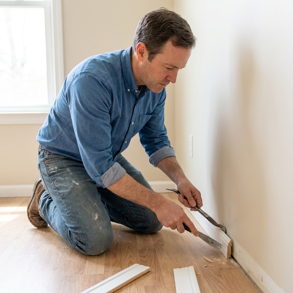 A homeowner carefully prying off quarter round trim along a laminate floor edge using a small pry bar and a putty knife to protect the wall