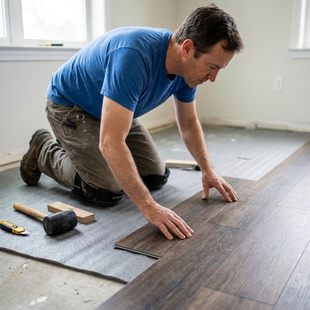 A homeowner installing click-lock luxury vinyl planks over an underlayment on a clean, flat subfloor