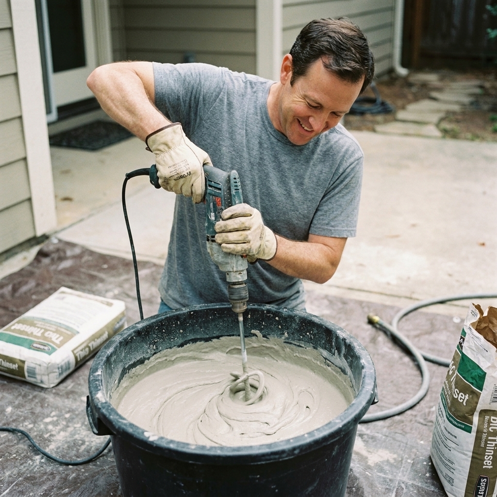 A homeowner mixing thinset mortar in a bucket using a drill with a mixing paddle, with smooth mortar forming a creamy consistency