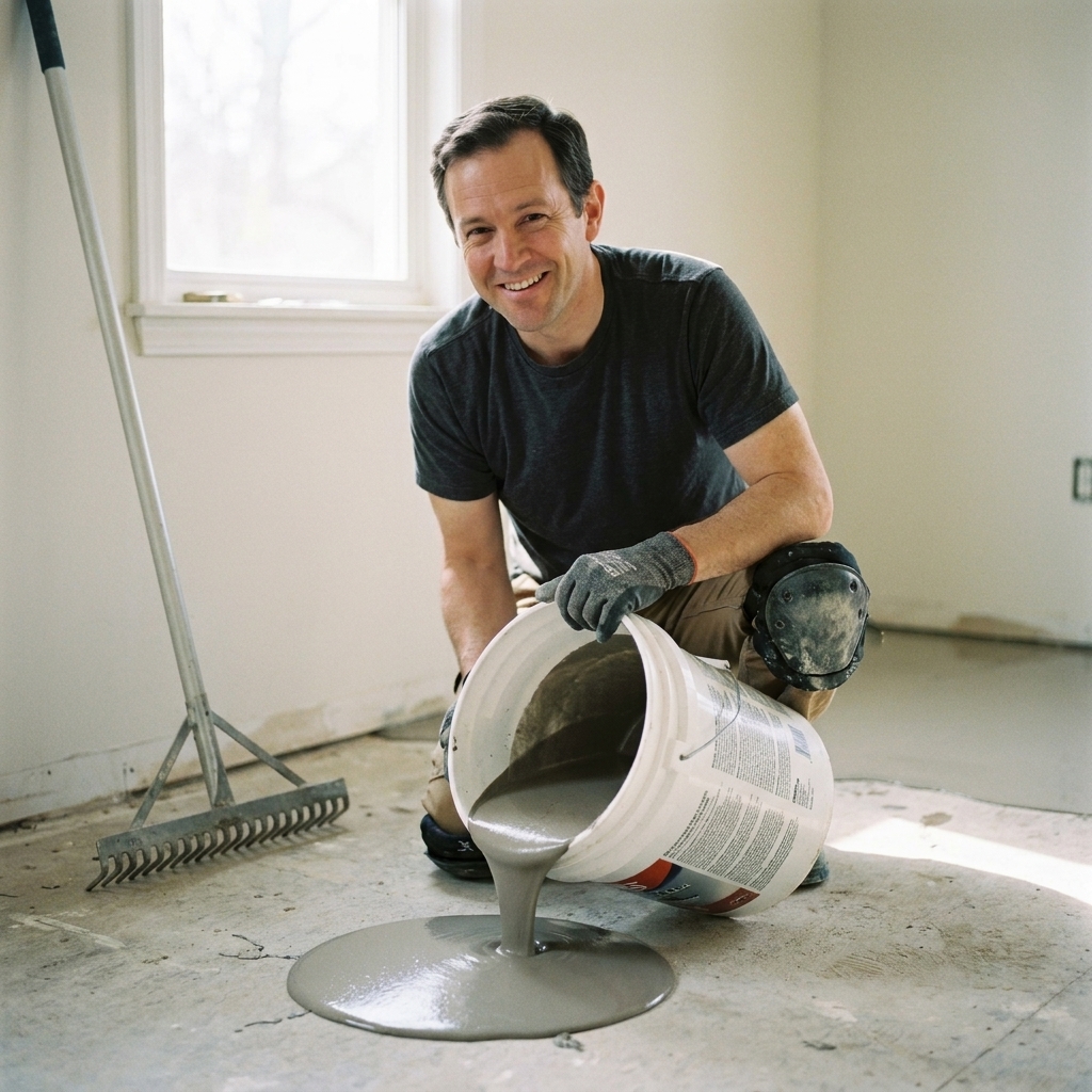 A homeowner pouring self-leveling underlayment onto a concrete subfloor with a gauge rake nearby, preparing for new flooring installation