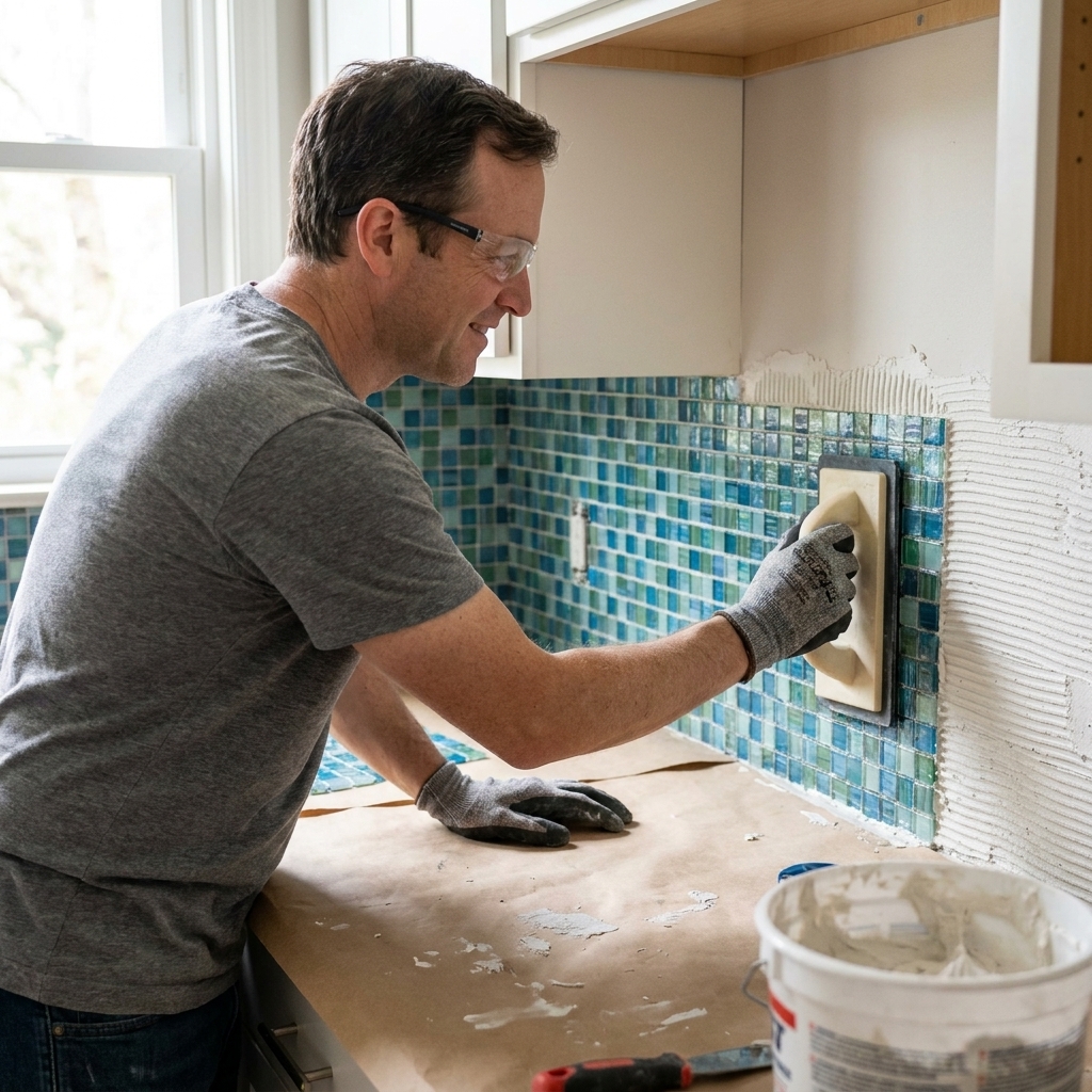 A homeowner pressing a sheet of small glass mosaic tiles into fresh thinset on a kitchen backsplash wall using a grout float