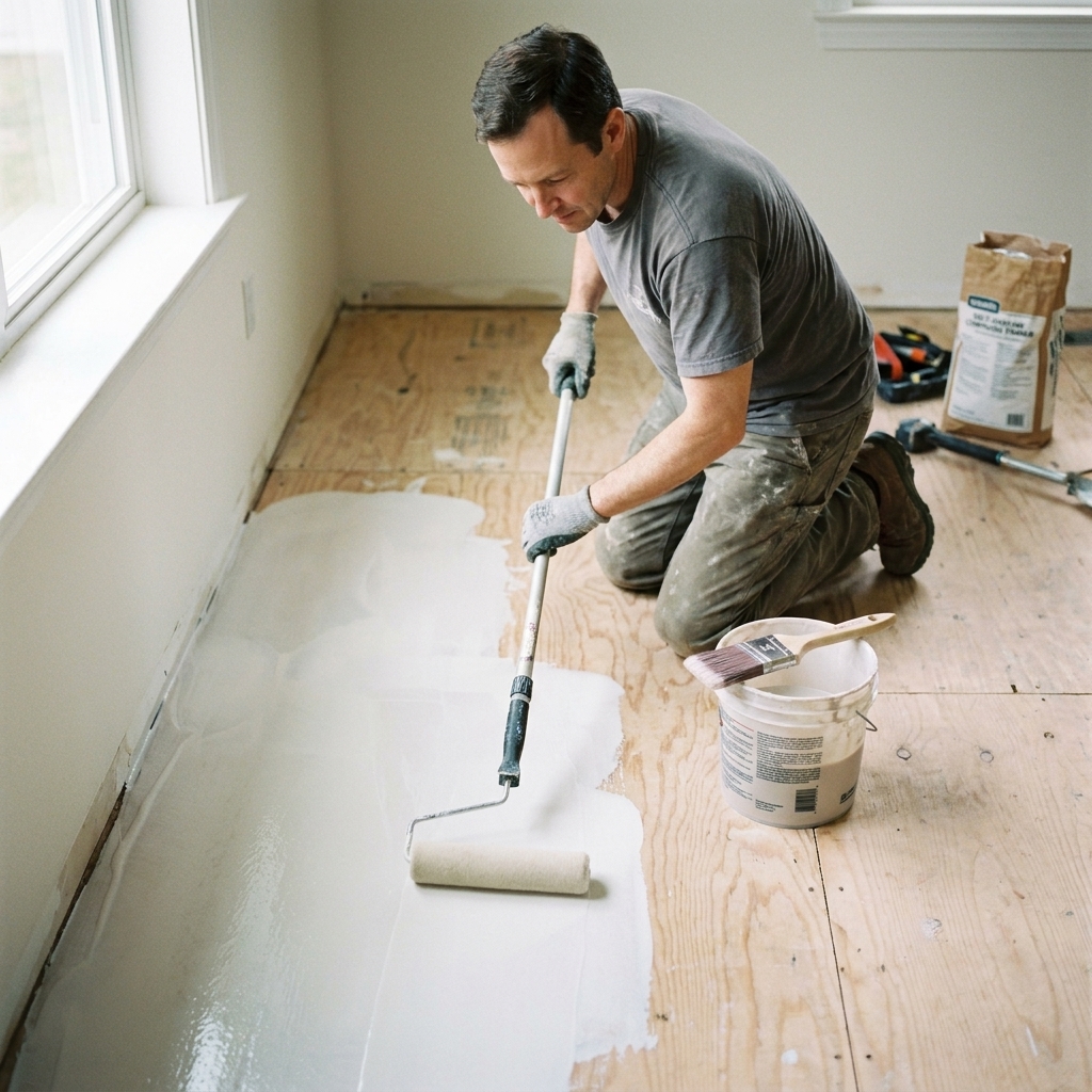 A homeowner rolling self-leveling compound primer onto a plywood subfloor with a paint roller, with a brush cutting in along the wall