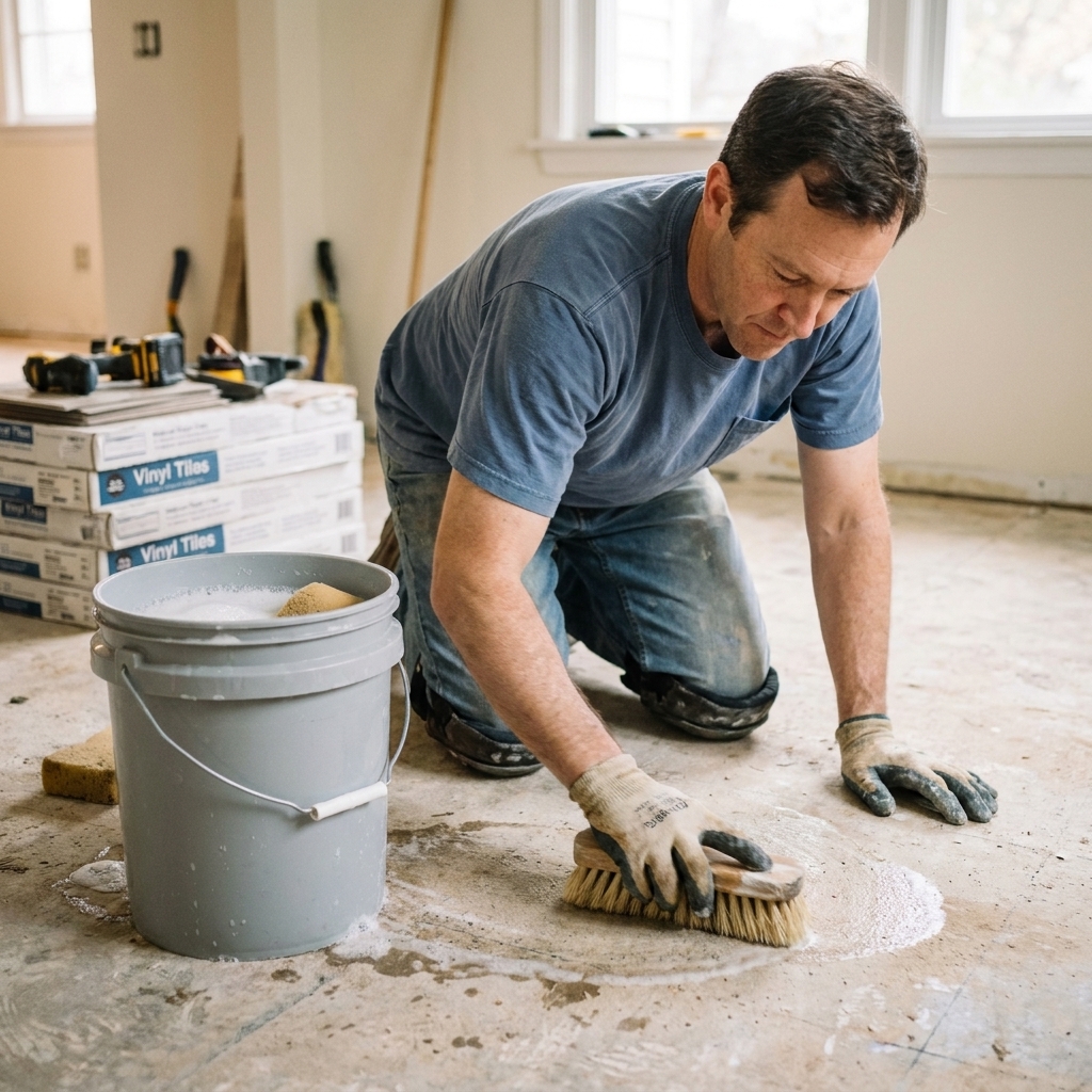 A homeowner scrubbing a bare concrete subfloor with a stiff brush and a bucket nearby, preparing for vinyl tile installation