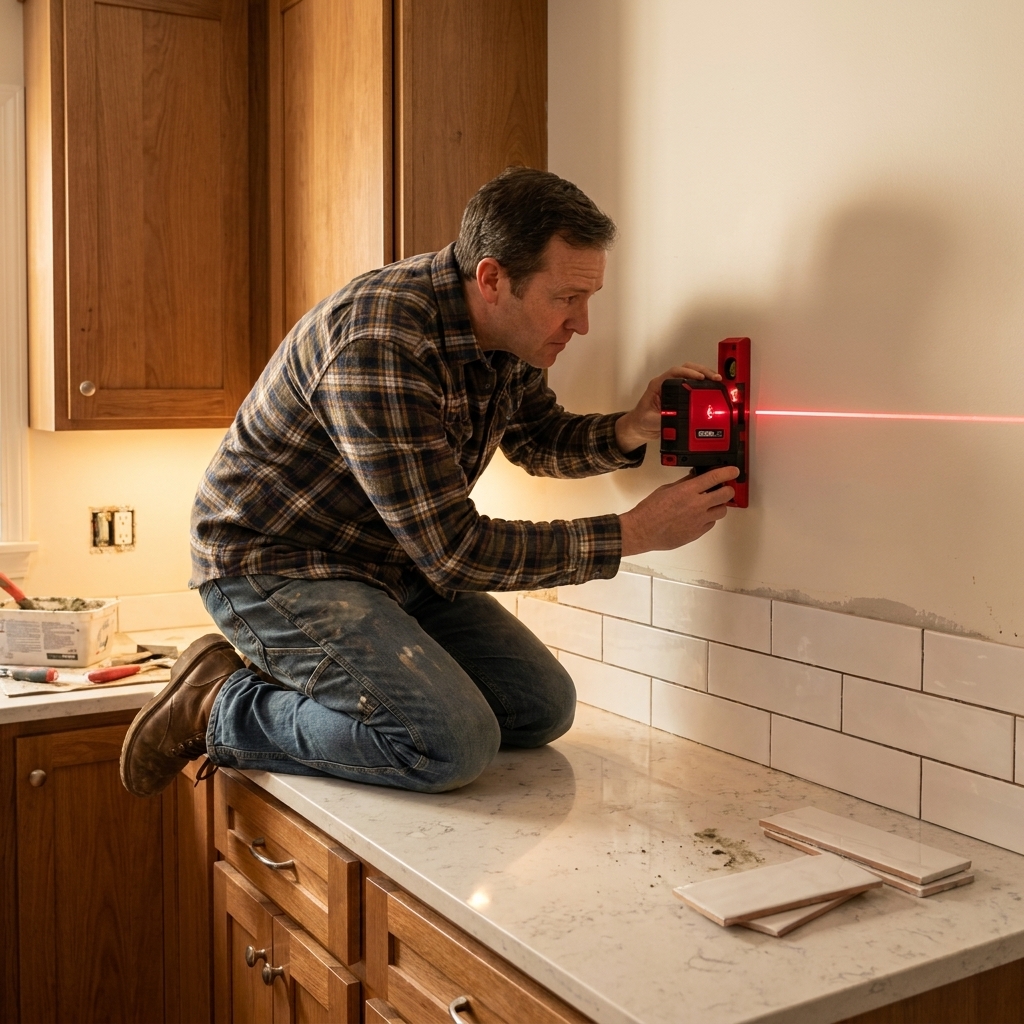 A homeowner using a laser level to project a horizontal line across a kitchen backsplash wall above a countertop