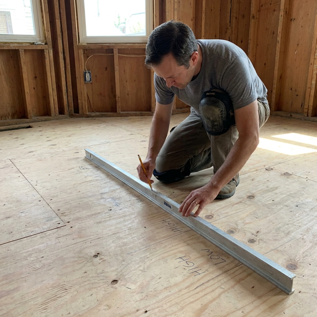 A homeowner using a long straightedge on a plywood subfloor to identify high and low spots, with pencil marks on the wood