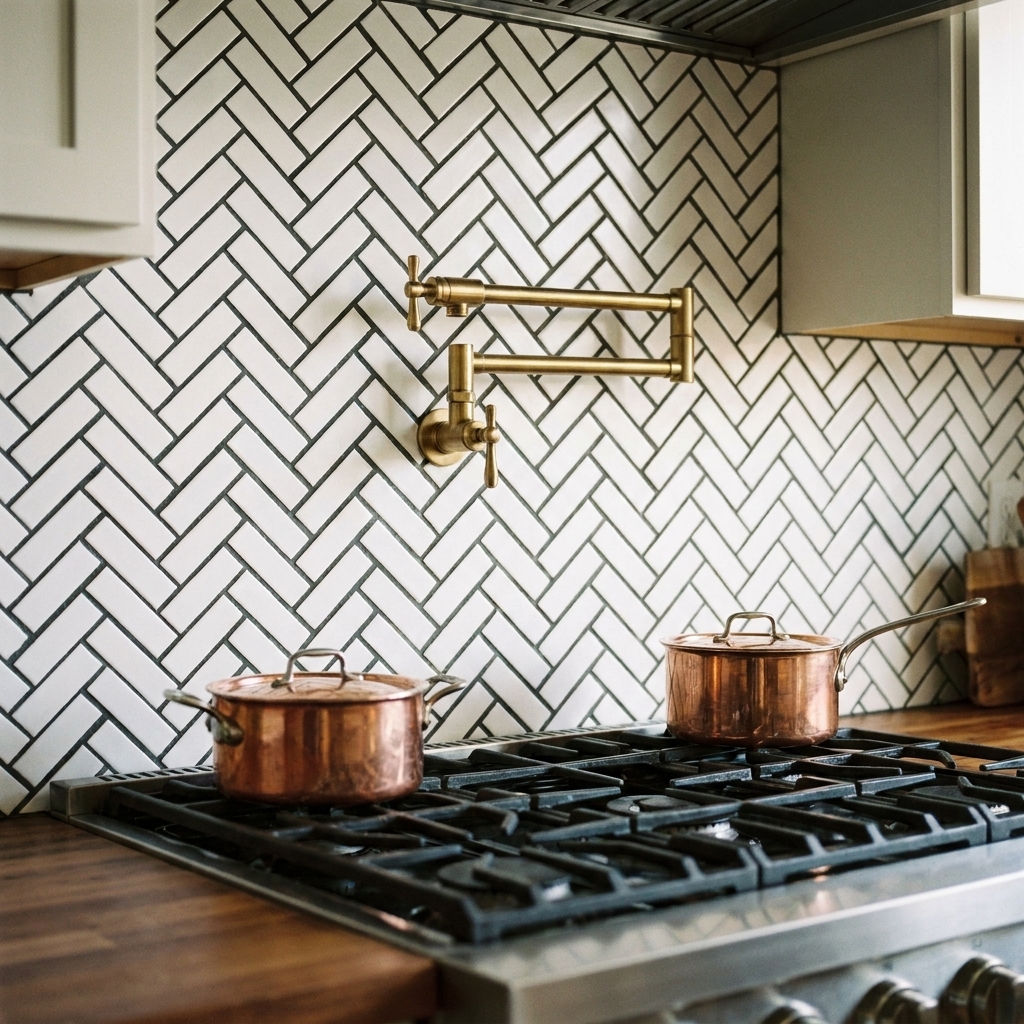A kitchen backsplash behind a gas range with white subway tiles installed in a tight herringbone pattern, featuring a centered pot filler and contrasting dark grout