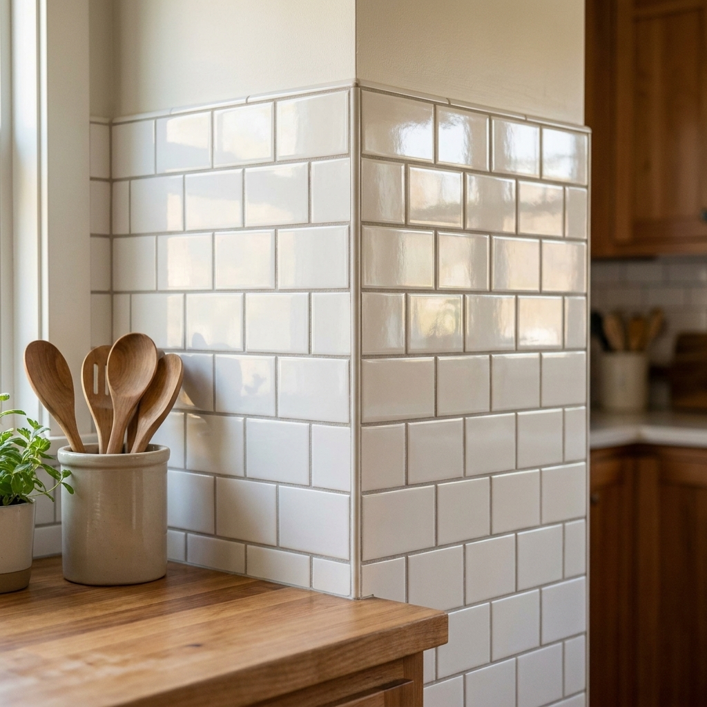 A kitchen backsplash with glossy white subway tiles installed in a classic running bond pattern with light gray grout, wrapping around a corner near a countertop