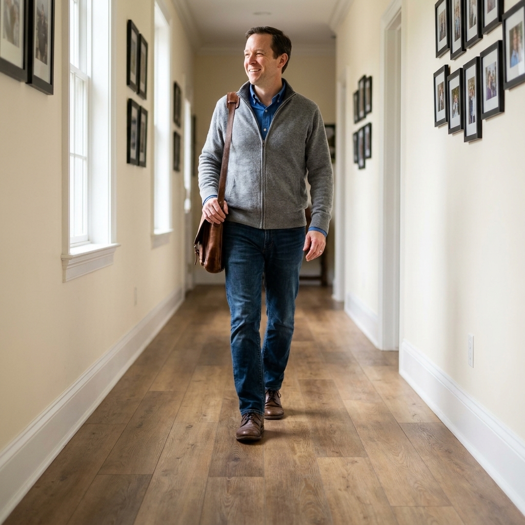 A long hallway with wide-plank luxury vinyl flooring in a warm natural oak tone, white baseboards, and soft window light