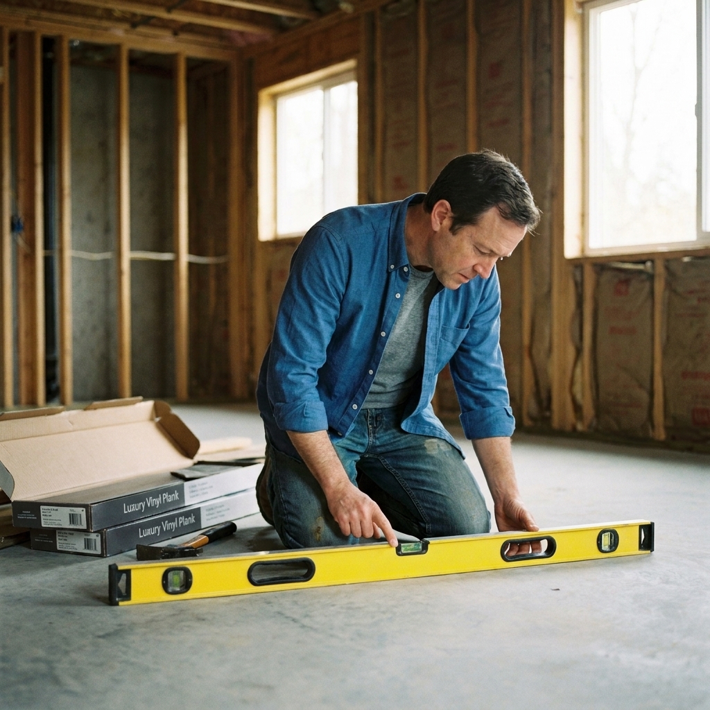 A long level resting on a concrete slab while a homeowner checks for dips and high spots before installing luxury vinyl plank