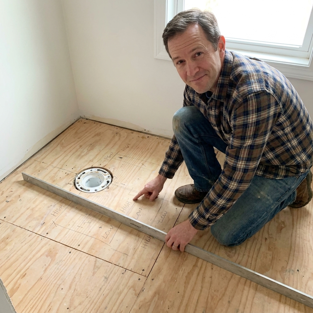 A long straightedge laid across a bathroom subfloor with pencil marks showing high and low spots near a toilet flange opening