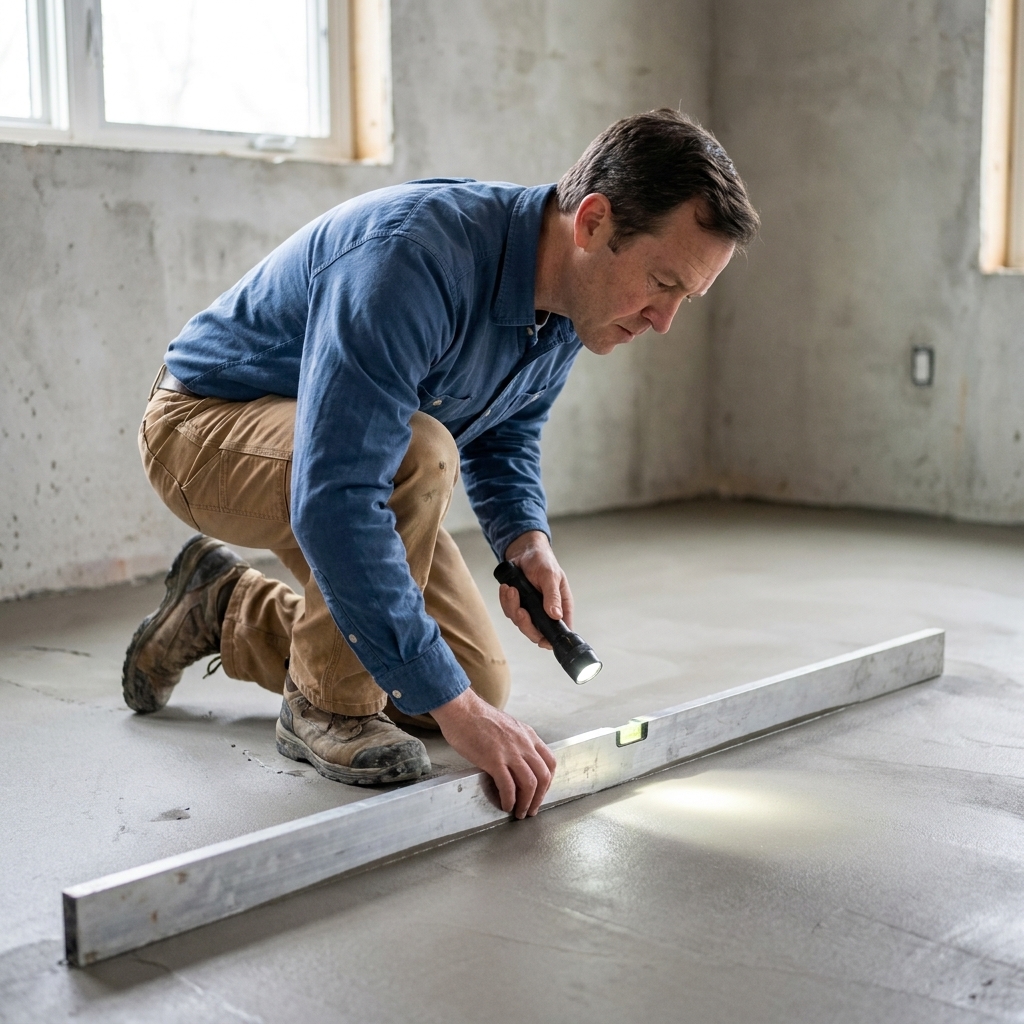A long straightedge laid across a cured self-leveling compound floor, showing a person checking for gaps with a flashlight