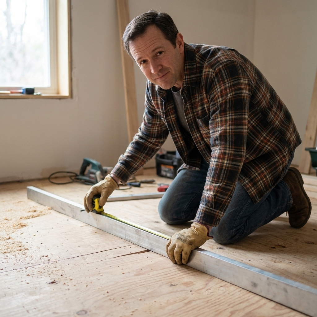 A long straightedge laid on a subfloor while a tape measure checks the gap at a low spot during a flatness check before hardwood installation
