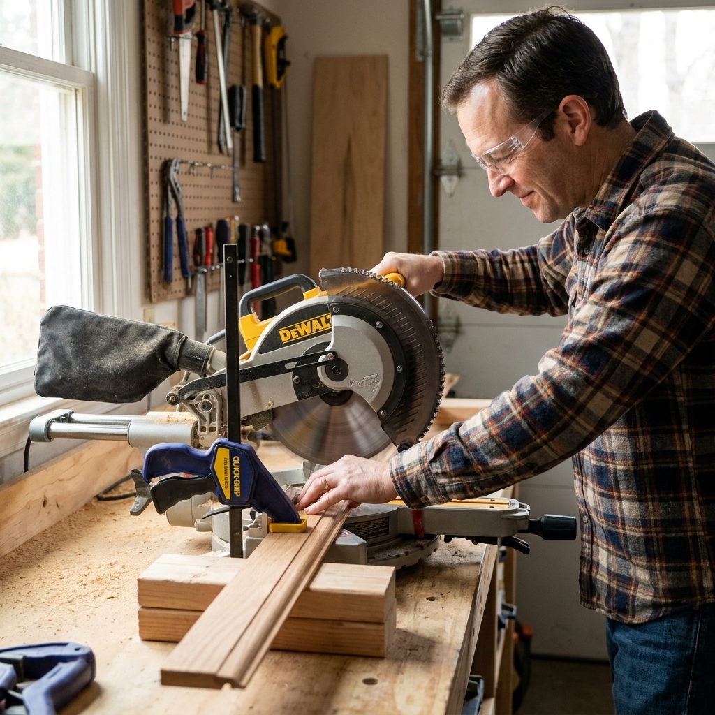 A miter saw cutting a wood reducer transition strip on a garage workbench, with the piece clamped and supported