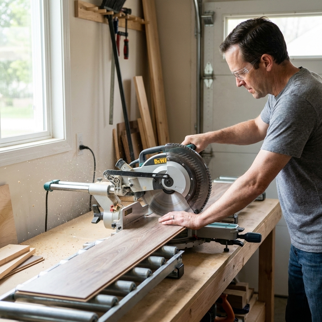 A miter saw making a clean crosscut on a laminate plank with the plank supported on both sides