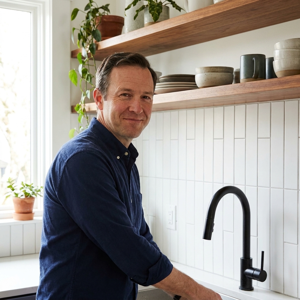 A modern kitchen backsplash with matte white subway tiles stacked vertically in straight columns behind a sink, with a black faucet and warm wood shelves above