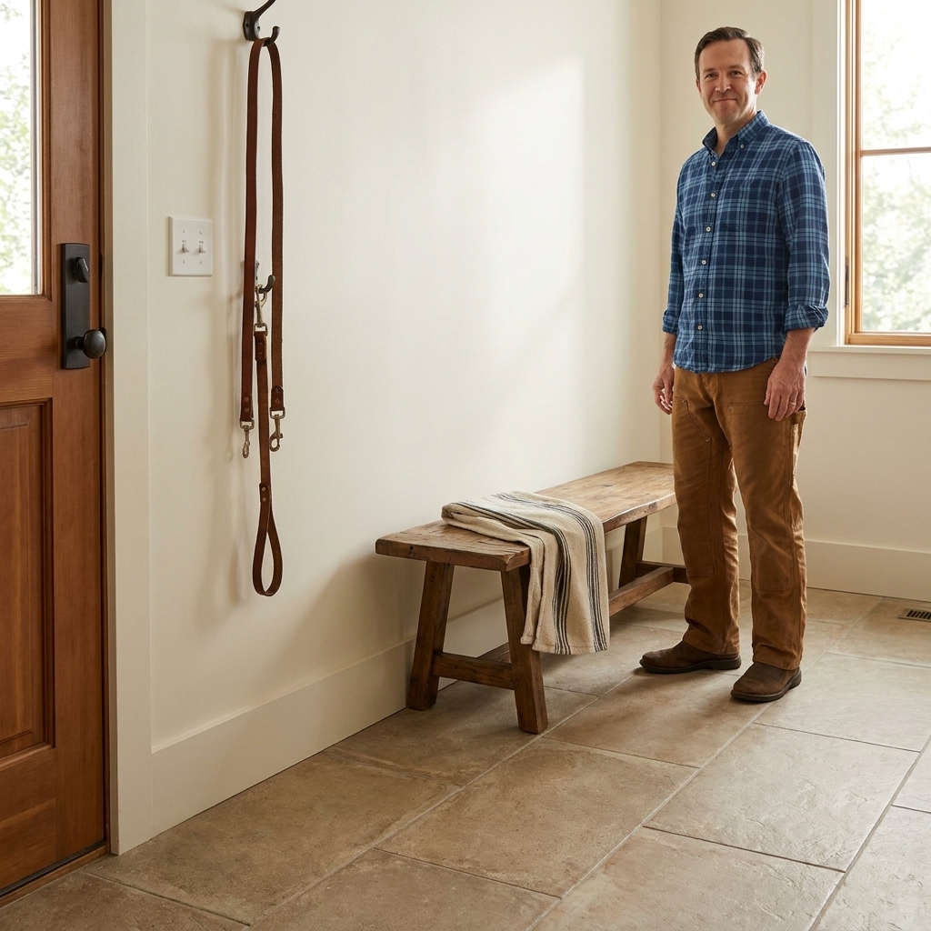 A mudroom floor with large-format matte porcelain tiles, a leash hook by the door, and a dog towel on a bench