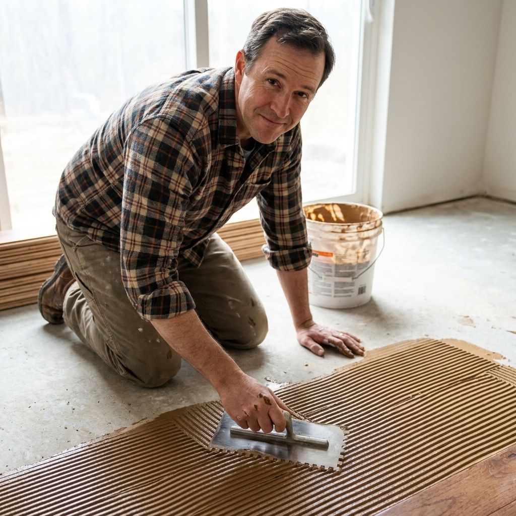 A notched trowel spreading hardwood flooring adhesive in even ridges on a clean concrete slab
