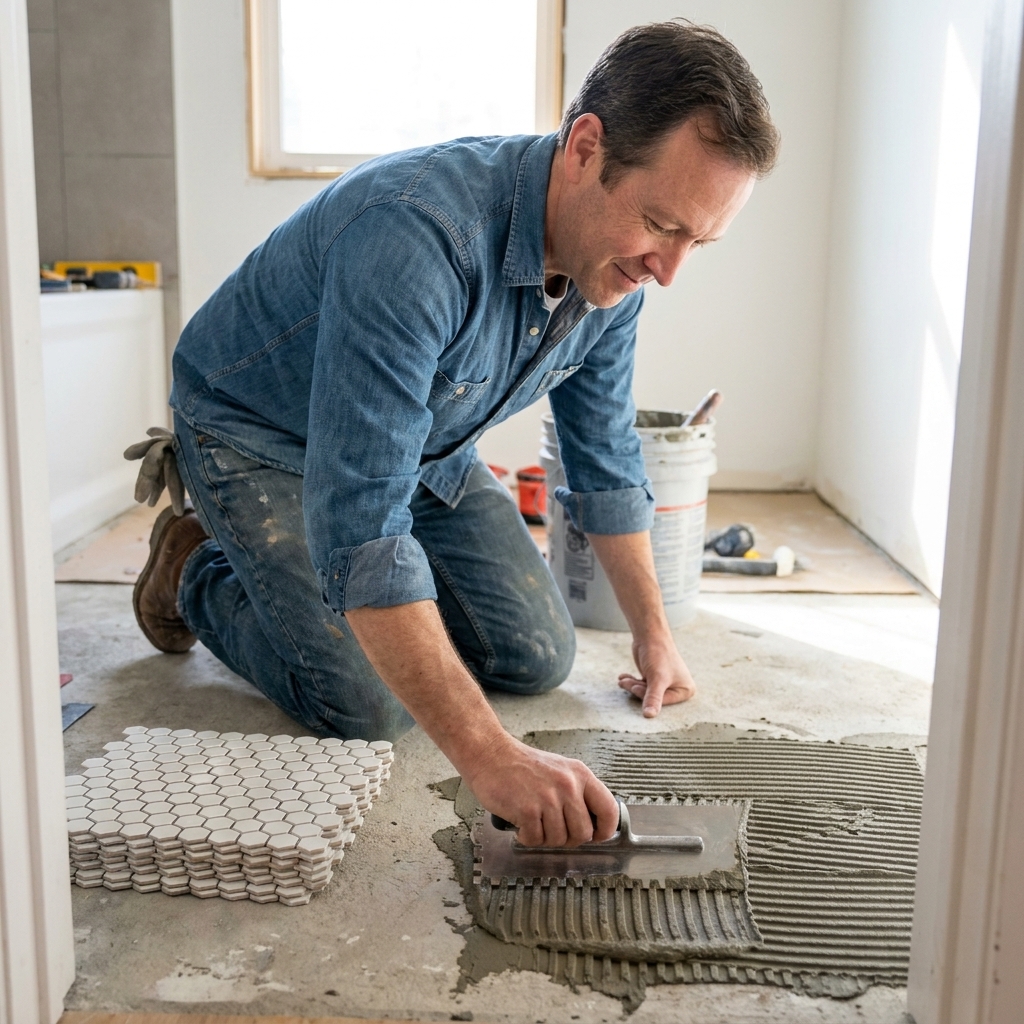 A notched trowel spreading thinset mortar on a small bathroom floor next to a stack of ceramic hexagon mosaic sheets