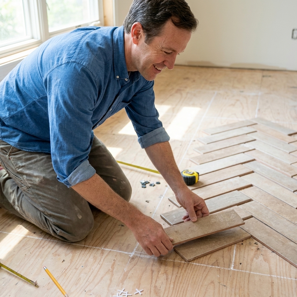 A partially dry-laid herringbone tile pattern on a subfloor aligned to chalk lines before installation