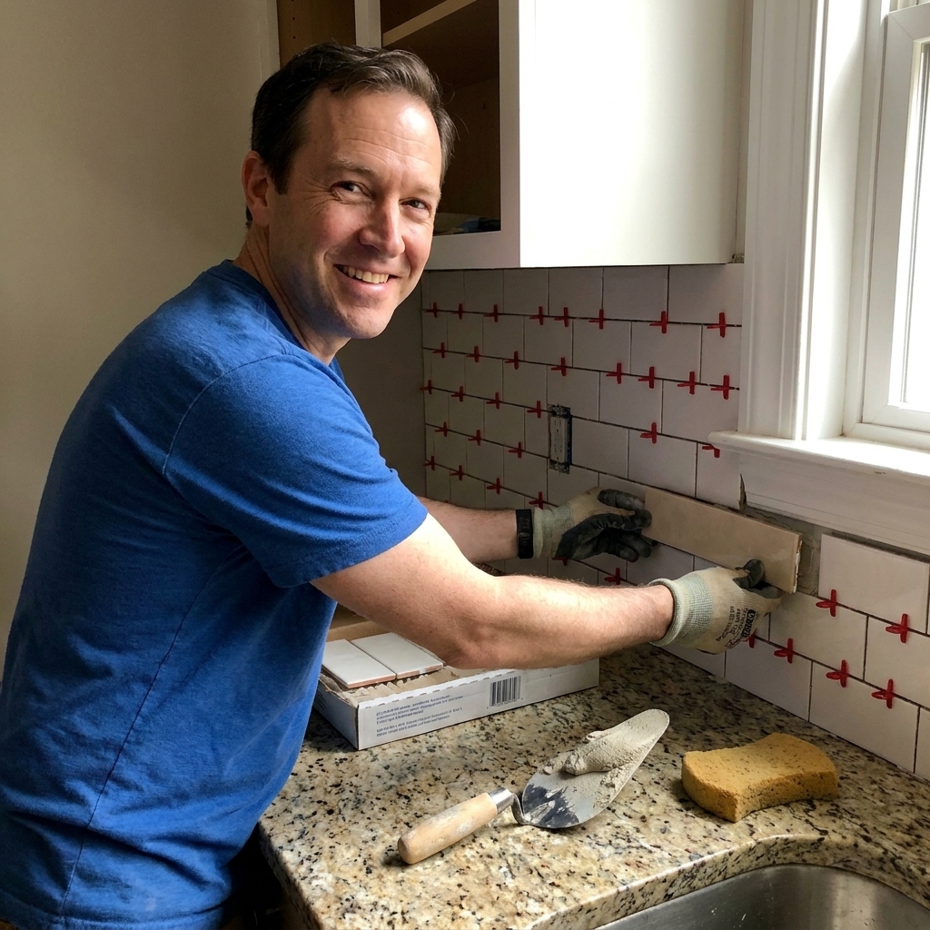 A partially installed white ceramic subway tile backsplash with tile spacers visible and a trowel resting on the countertop