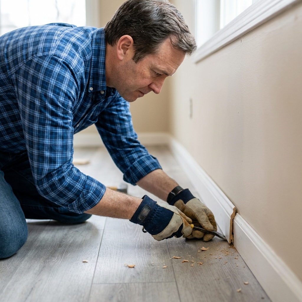 A person carefully prying off shoe molding along a wall next to a click-lock vinyl plank floor
