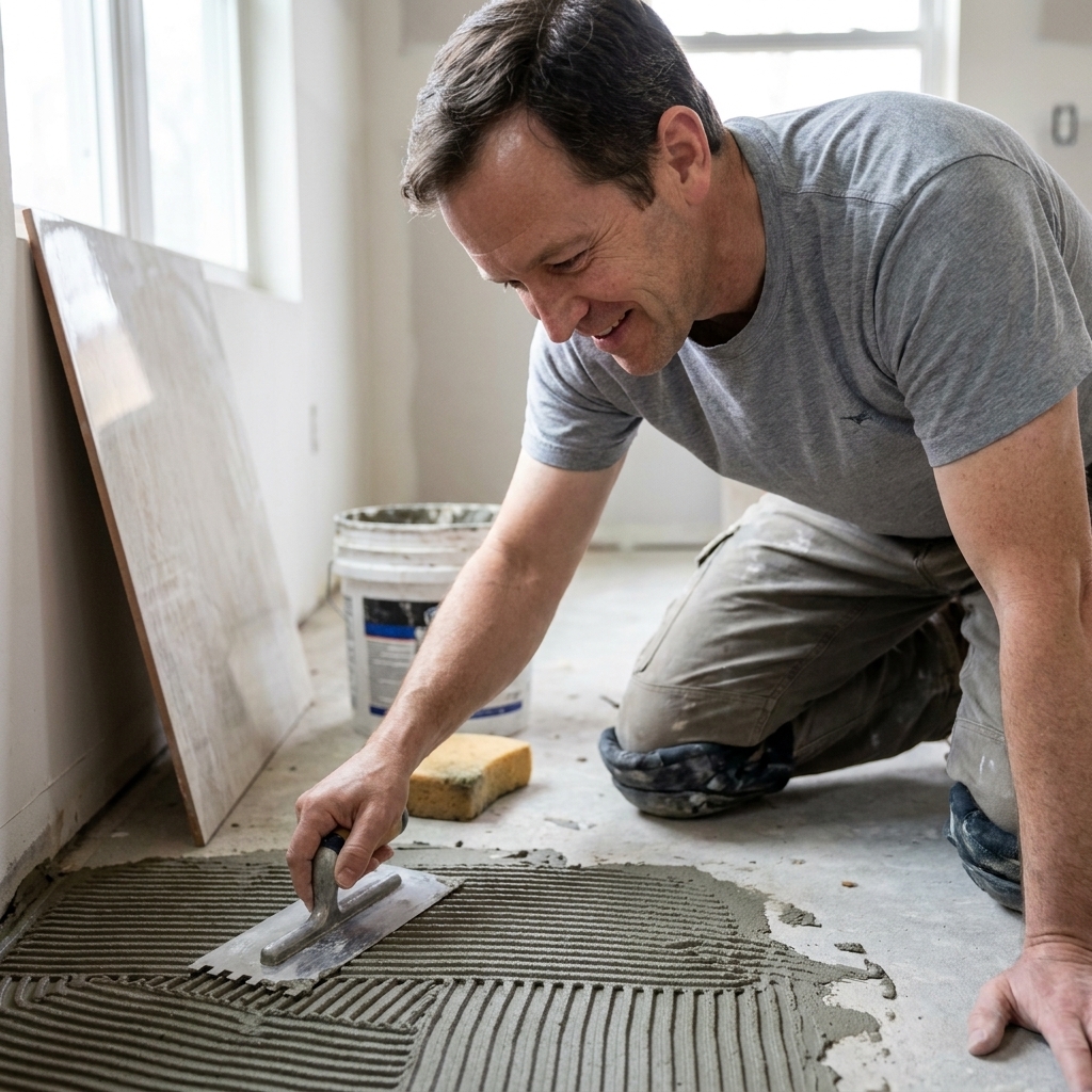 A person combing thinset on a concrete floor using a half-inch square-notch trowel before setting a large porcelain tile