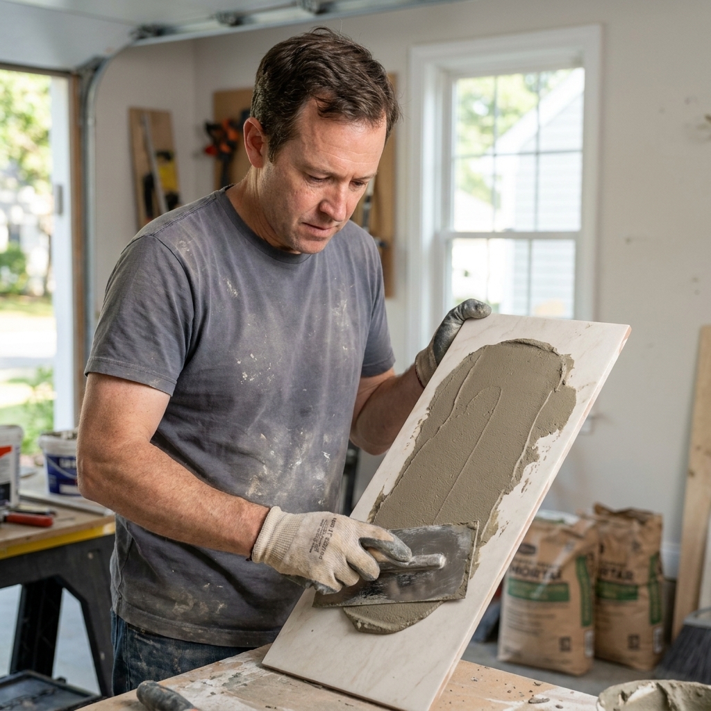 A person holding a large porcelain tile while skimming a thin layer of mortar across the back with the flat side of a trowel