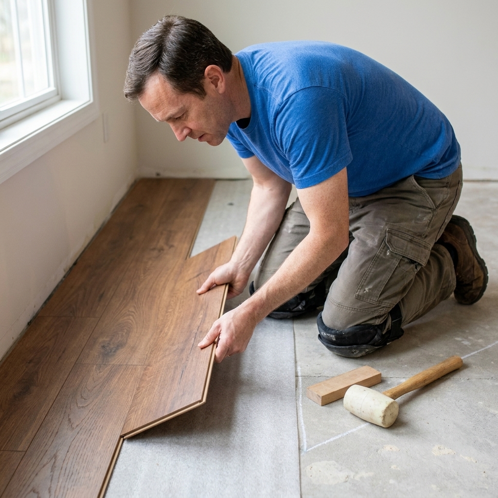 A person installing click-lock planks by angling and snapping a plank into the previous row on a prepared subfloor
