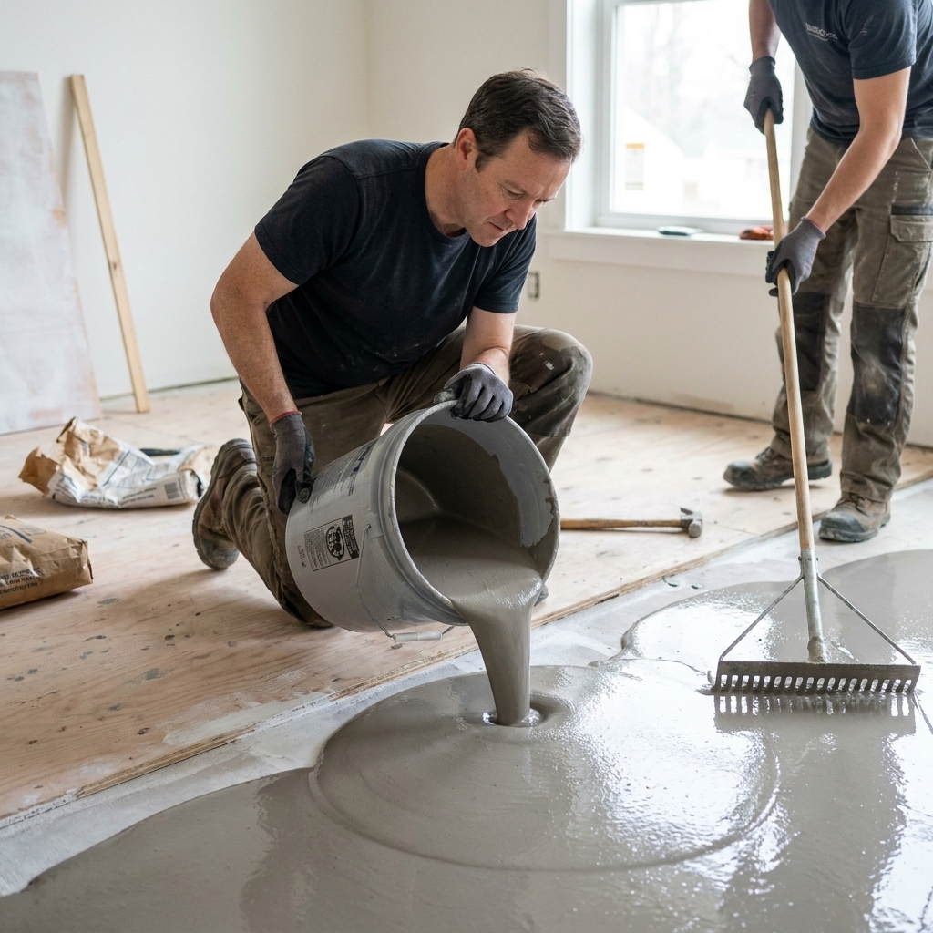 A person pouring a bucket of self-leveling underlayment onto a primed plywood subfloor while another person uses a gauge rake to spread it