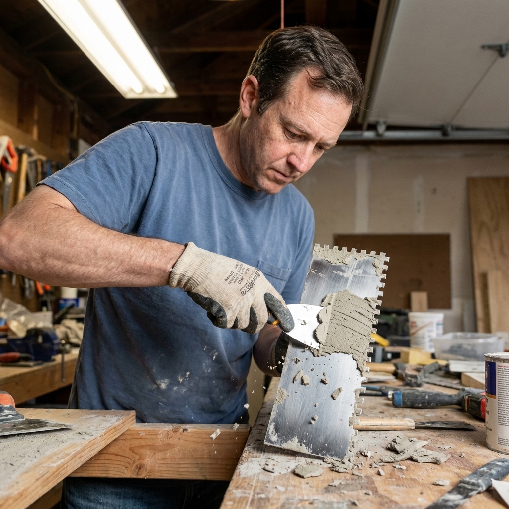 A person scraping cured thinset from a stainless steel notched trowel using a handheld razor scraper on a garage workbench