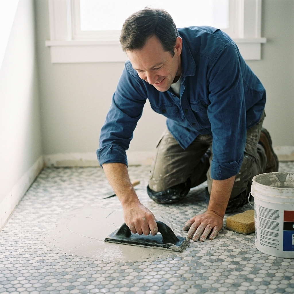 A person using a rubber grout float to spread grout across a small bathroom hexagon tile floor
