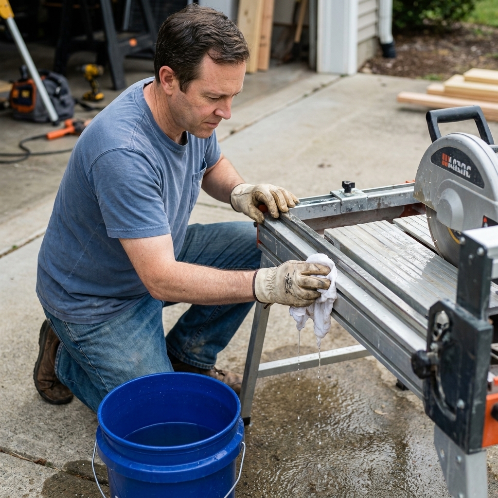 A person wiping wet saw sliding rails with a clean rag beside a plastic bucket of rinse water in a driveway