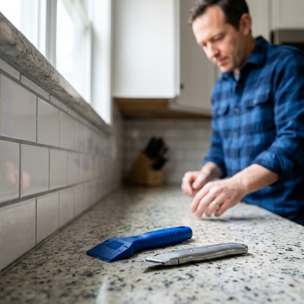 A plastic caulk removal tool and a utility knife lying on a kitchen countertop next to a tile backsplash