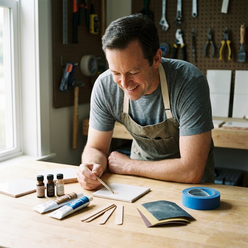 A porcelain and ceramic tile repair kit laid out on a workbench with epoxy tubes, tint bottles, mixing sticks, sandpaper, and painter's tape