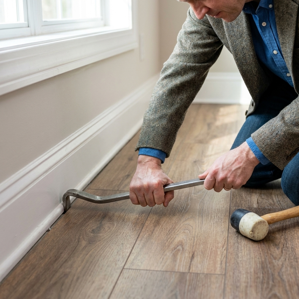 A pull bar hooked over the edge of a laminate plank near a baseboard with a small expansion gap