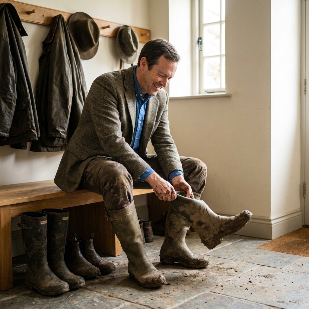 A real-life mudroom scene with muddy boots sitting on a durable tile floor near a simple bench and coat hooks, natural indoor lighting