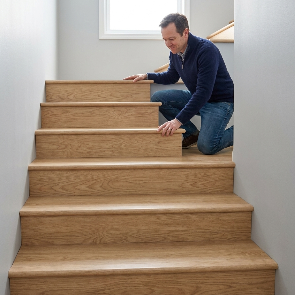 A real-life photo of a completed staircase with laminate treads and matching stair nosing installed, showing clean seams and consistent overhang across multiple steps