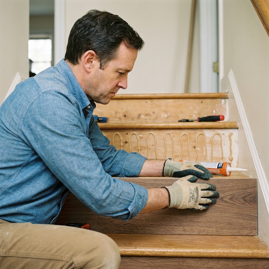 A real-life photo of a laminate riser panel being pressed onto a stair riser with construction adhesive applied behind it