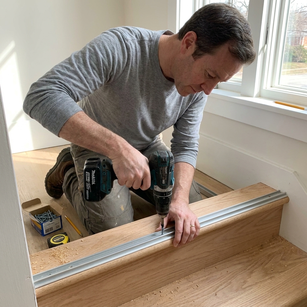 A real-life photo of a laminate stair nosing track being screwed into the front edge of a wooden stair tread before the nosing is installed