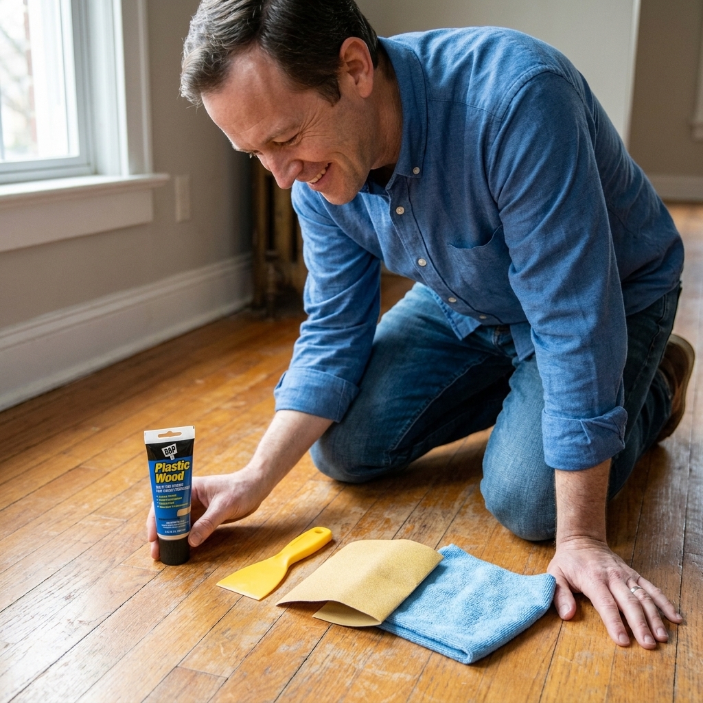 A real-life photo of a small DIY repair setup on a hardwood floor with wood filler, a plastic putty knife, sandpaper, and a microfiber cloth laid out neatly